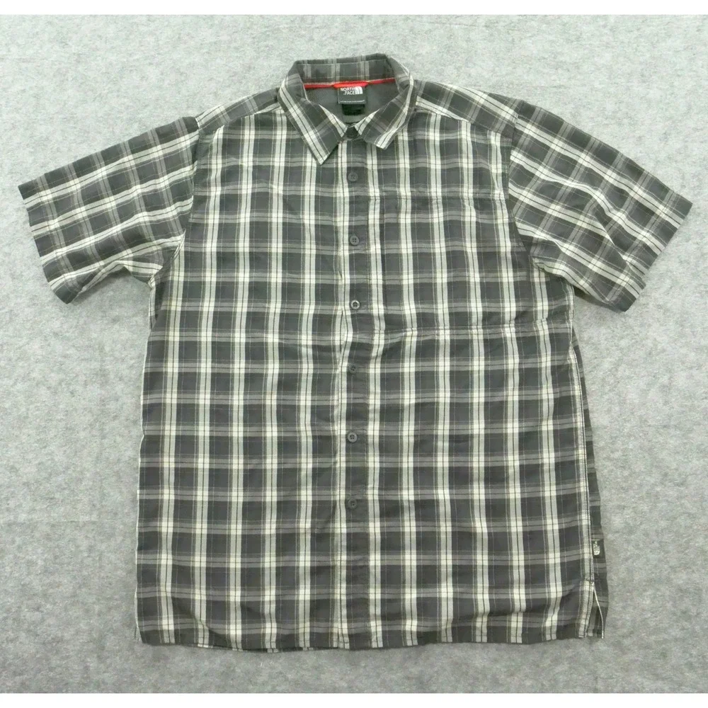 The North Face Shirt Mens Medium Gray Button Short Sleeve Plaid Outdoors Hiking